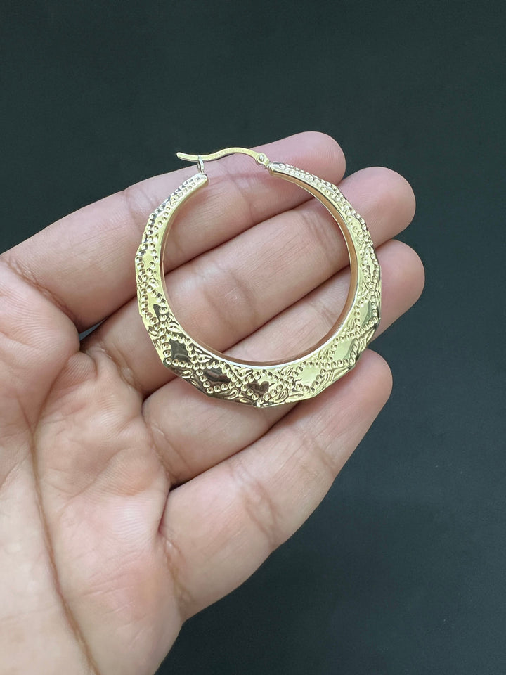 10K Yellow Gold .925 Sterling Silver Octagonal Vintage Engraved Round Etched Hoop Earrings