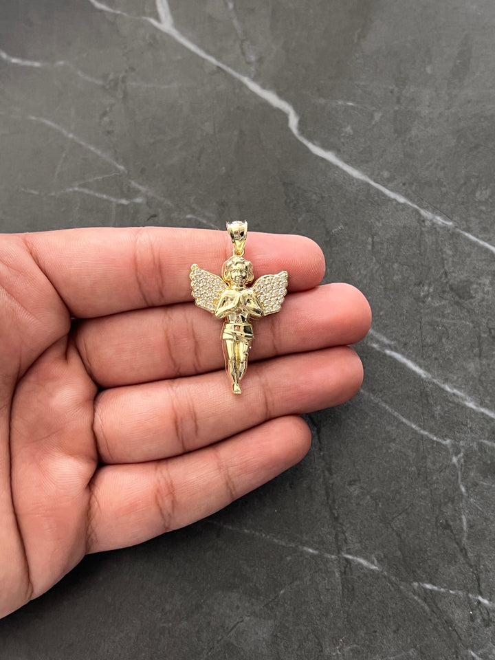 Authentic 10K Gold Guardian, Praying Baby Angel Pendant Bold Wings Charm/Pendant, Diamond Cut Solid 10K Gold Always be with You Angel Charm