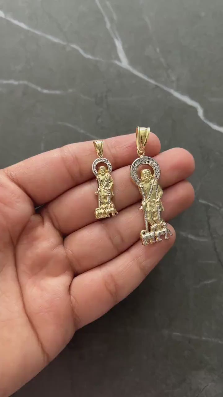 10K Yellow Gold .925 Sterling Silver Diamond Cut Saint Lazarus, Real Religious San Lazaro/Babalu Aye, Holy Walking Jesus Gold Charm/Pendant