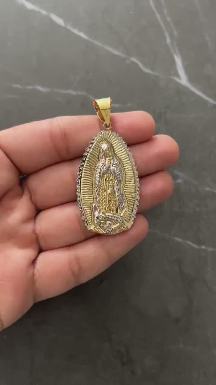 10K Yellow Gold .925 Sterling Silver Virgin Mother Mary Lady Guadalupe Charm/Pendant, Diamond Cut Real 10K Solid Mother Mary Jesus Medallion