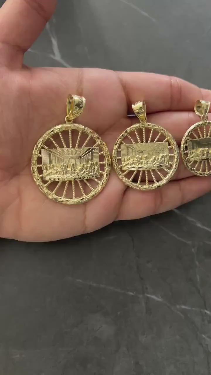 Authentic 10K Yellow Gold Last Supper Wheel Diamond Cut Nugget Style Real Gold  Pendant/Charm, 10K Jesus with Disciples on Last Supper Wheel