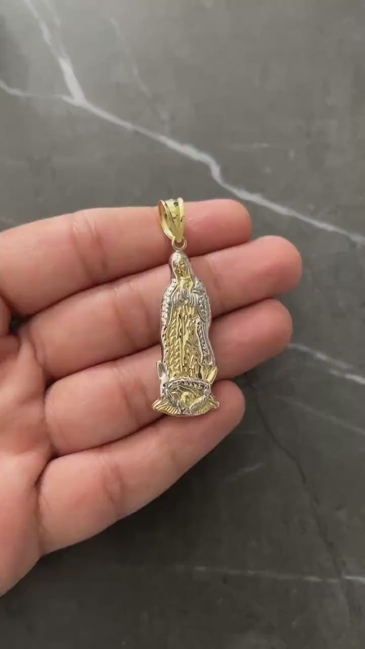 10K Yellow Gold .925 Sterling Silver Virgin Mother Mary Lady Guadalupe Charm/Pendant, Diamond Cut Real 10K Solid Mother Mary Jesus Medallion