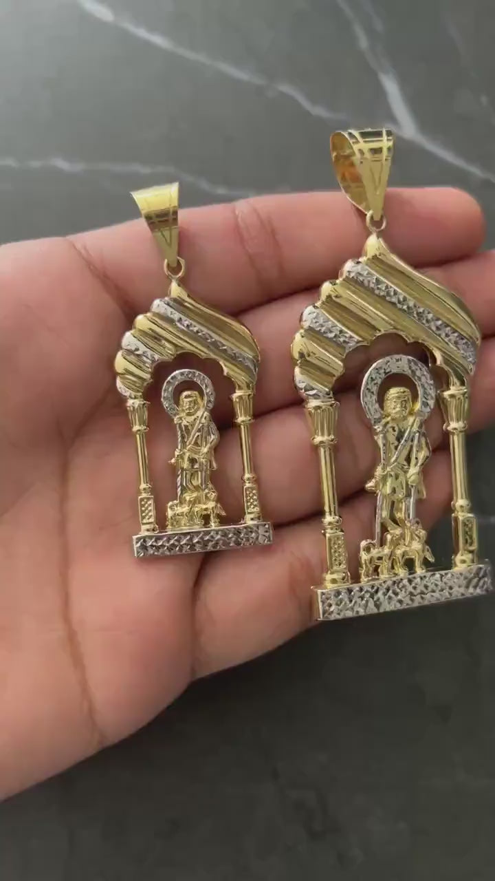 10K Yellow Gold .925 Sterling Silver Diamond Cut Saint Lazarus, Real Religious San Lazaro/Babalu Aye, Holy Walking Jesus Gold Charm/Pendant