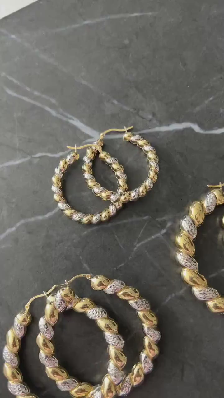 10K Yellow Gold .925 Sterling Silver Twist Vintage Diamond Cut Hoop Earrings, Graduated Scalloped Shrimp Oval Hoop Design Earrings for Women