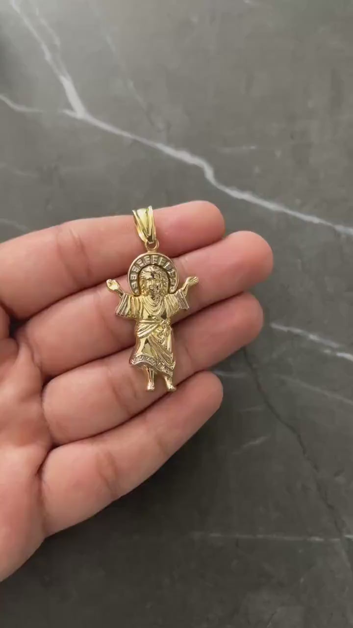 10K Yellow Gold .925 Sterling Silver Textured Diamond Cut Saint Jude with Halo Charm/Pendant, Saint Jude Thaddeus Medal 10K San Judas Saint