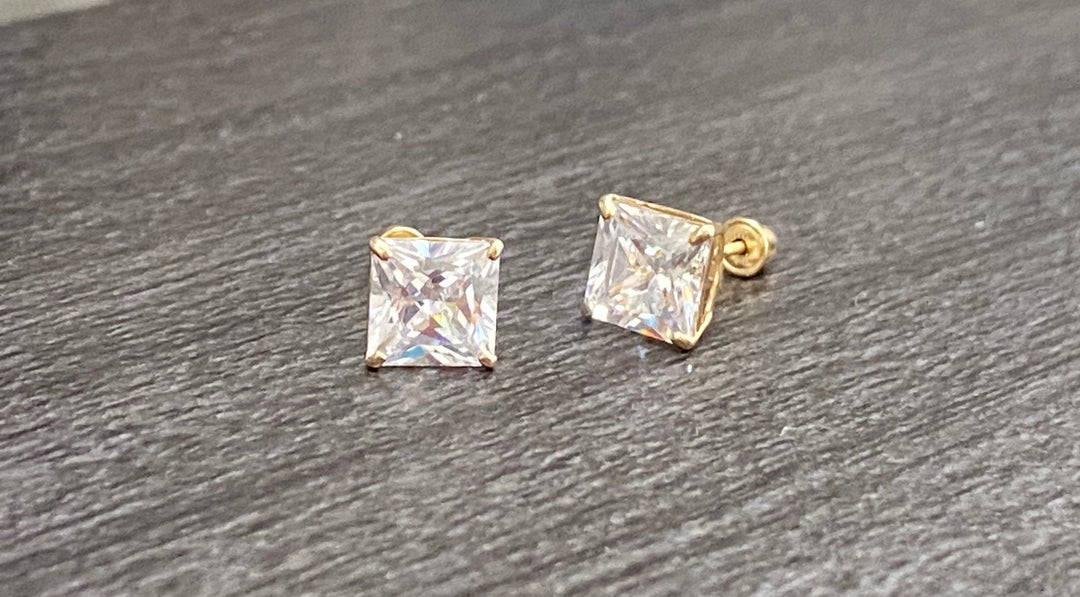 14K Solid Yellow Gold Cubic Zirconia Square Cut Basket Setting with Screwback