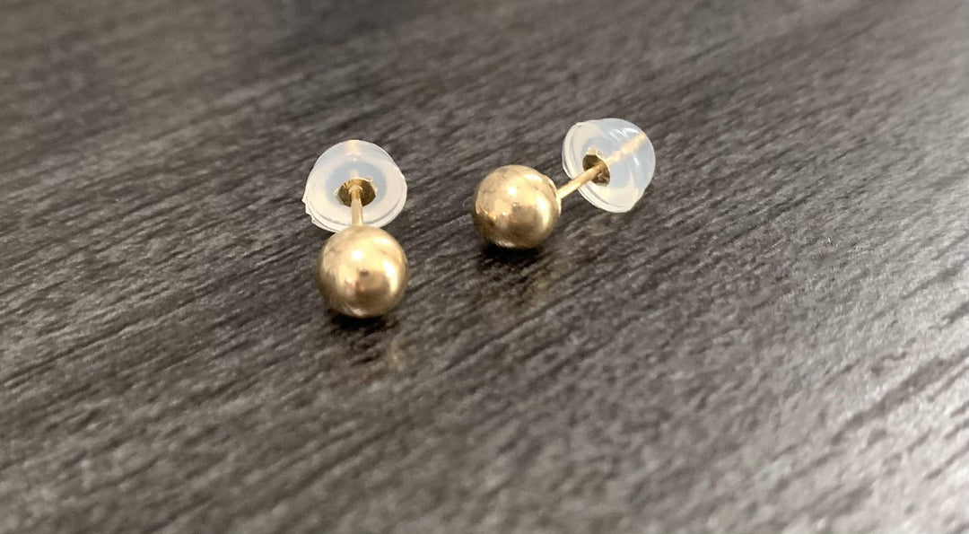10K Solid Yellow Gold High Polish Ball Stud Earrings with Silicone Back