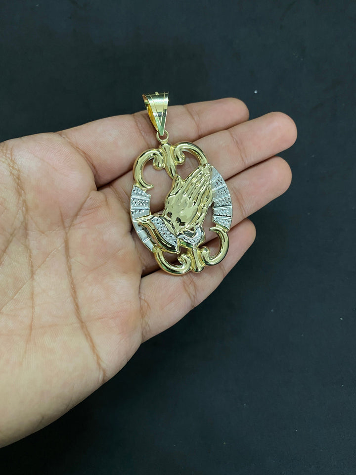 10K Yellow Gold .925 Sterling Silver Stylish Praying Hands Medallion Charm/Pendant