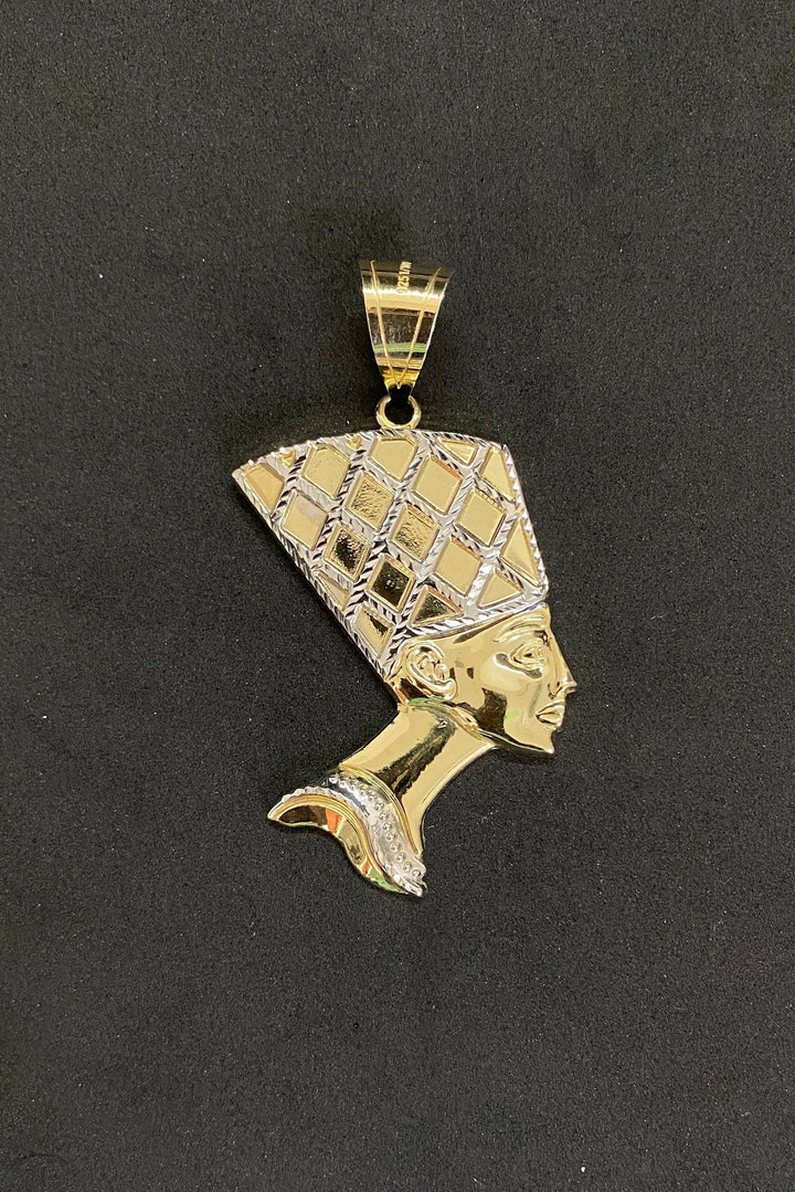 10K Yellow Gold .925 Sterling Silver Egyptian Queen Nefertiti Ancient Pharaoh Head Diamond Cut Charm/Pendant