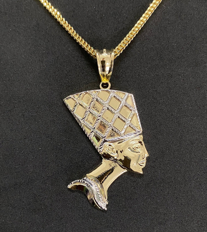 10K Yellow Gold .925 Sterling Silver Egyptian Queen Nefertiti Ancient Pharaoh Head Diamond Cut Charm/Pendant