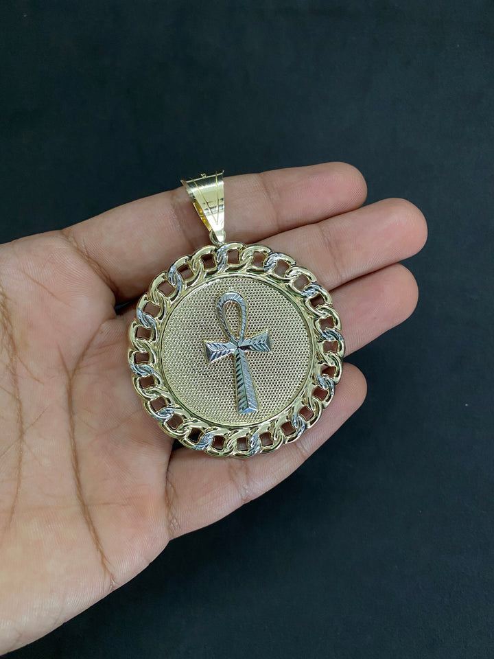 10K Yellow Gold .925 Sterling Silver Ankh Medallion Charm/Pendant