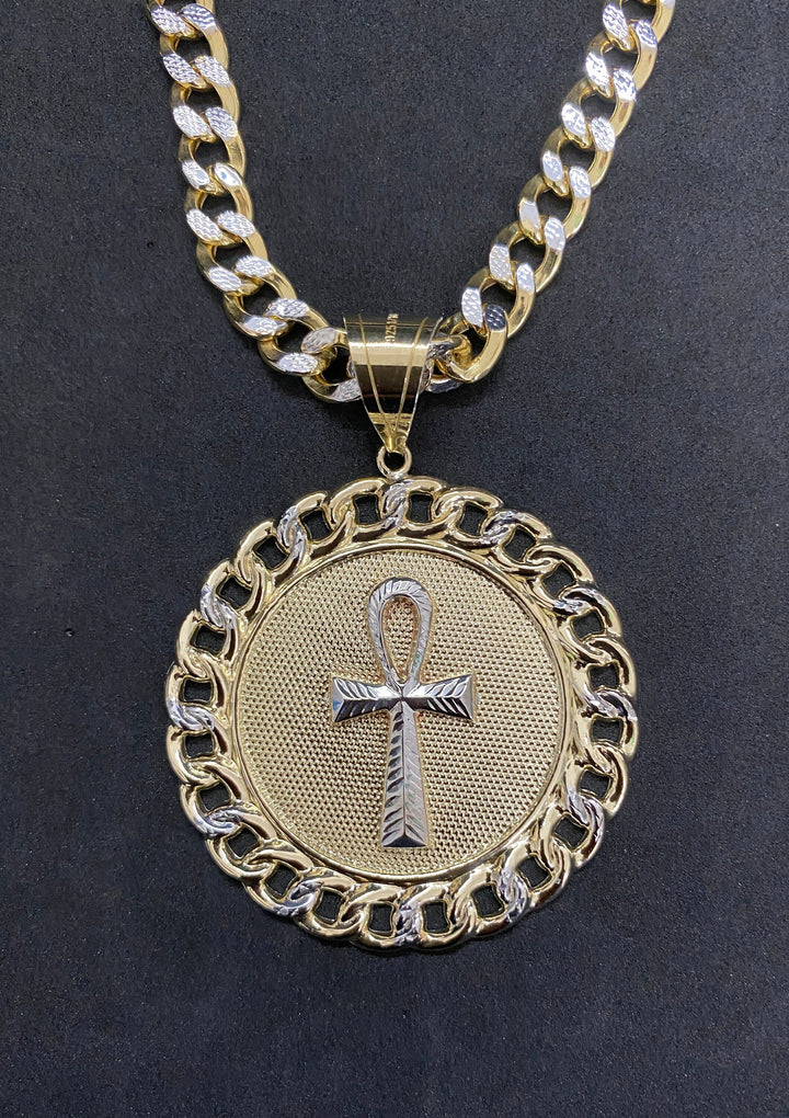 10K Yellow Gold .925 Sterling Silver Ankh Medallion Charm/Pendant