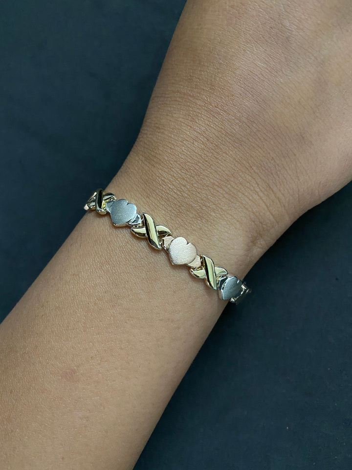 10K Yellow Gold .925 Sterling Silver Tri-Color Tone XOXO Heart 7 inch Bracelet