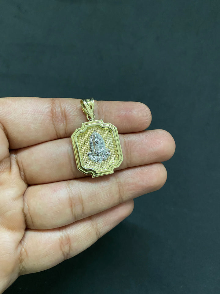 10K Yellow Gold .925 Sterling Silver Virgin Mother Mary Lady Guadalupe Medallion Charm/Pendant