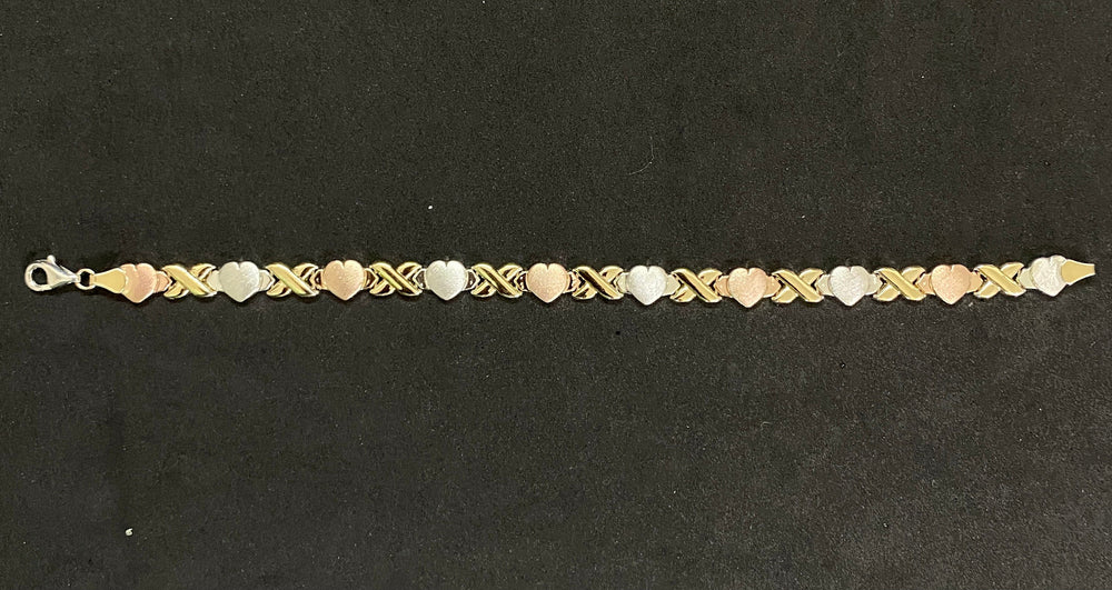 10K Yellow Gold .925 Sterling Silver Tri-Color Tone XOXO Heart 7 inch Bracelet