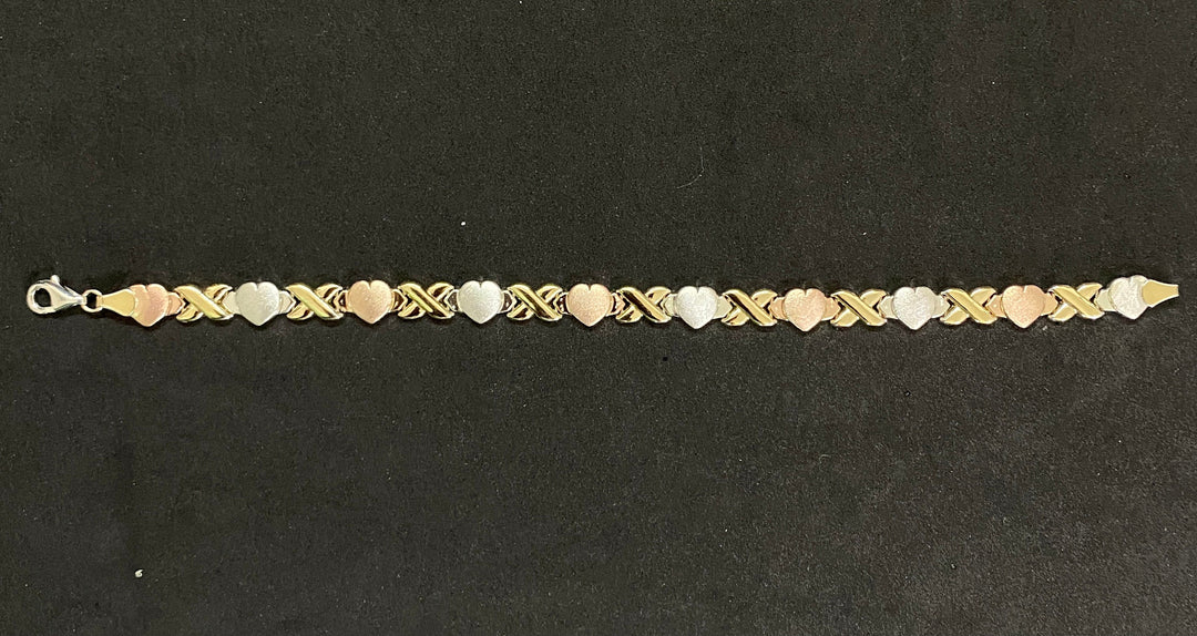 10K Yellow Gold .925 Sterling Silver Tri-Color Tone XOXO Heart 7 inch Bracelet