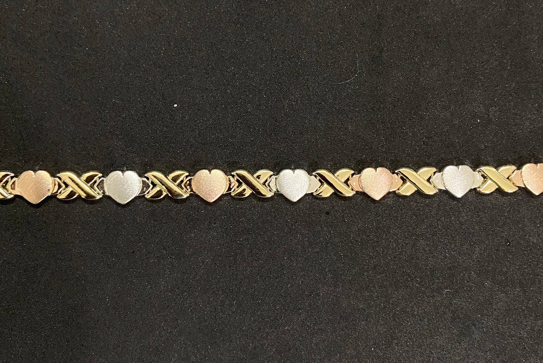 10K Yellow Gold .925 Sterling Silver Tri-Color Tone XOXO Heart 7 inch Bracelet