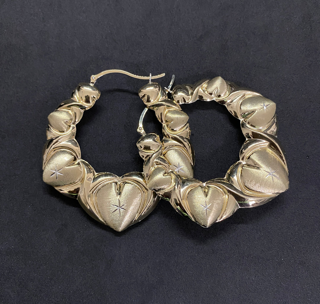 10K Yellow Gold .925 Sterling Silver Heart Design Hoop Earrings
