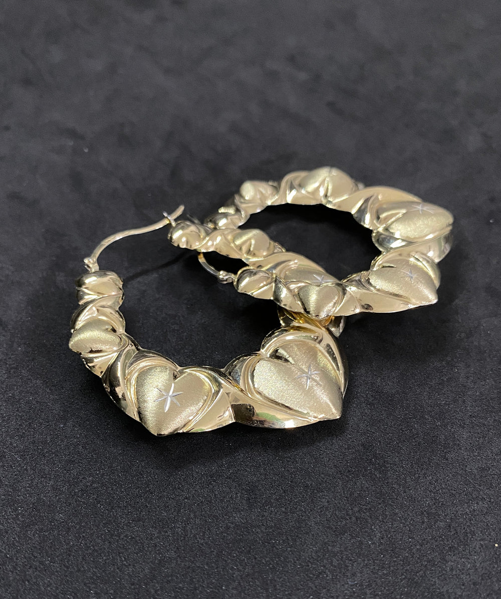 10K Yellow Gold .925 Sterling Silver Heart Design Hoop Earrings