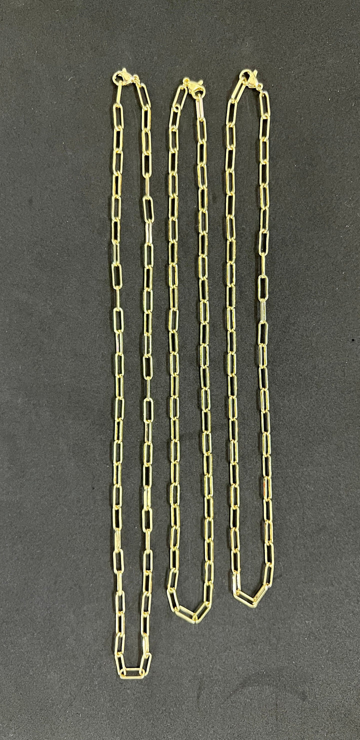 3mm Solid 10K Yellow Gold .925 Sterling Silver Paperclip Link Chain Necklace 3mm 16"-19"