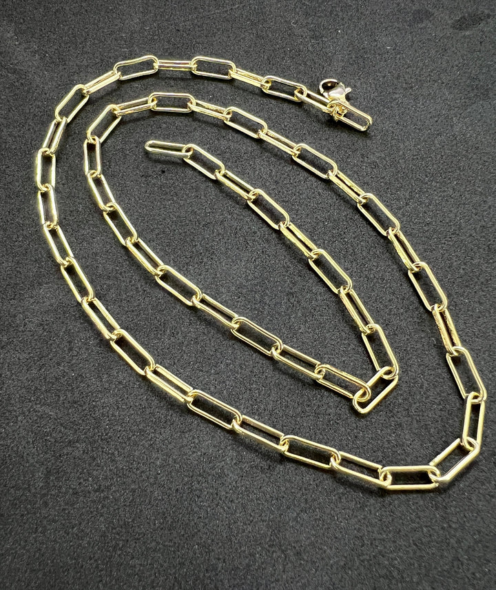 3mm Solid 10K Yellow Gold .925 Sterling Silver Paperclip Link Chain Necklace 3mm 16"-19"