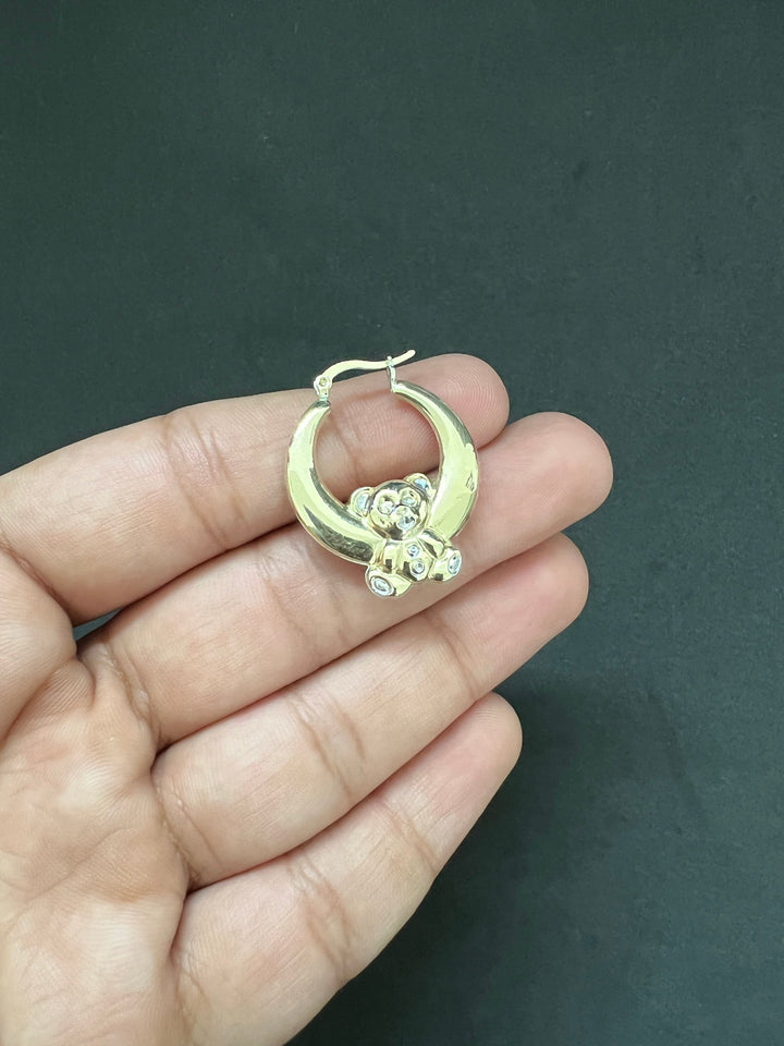 10K Yellow Gold .925 Sterling Silver Teddy Bear Hoop Earrings