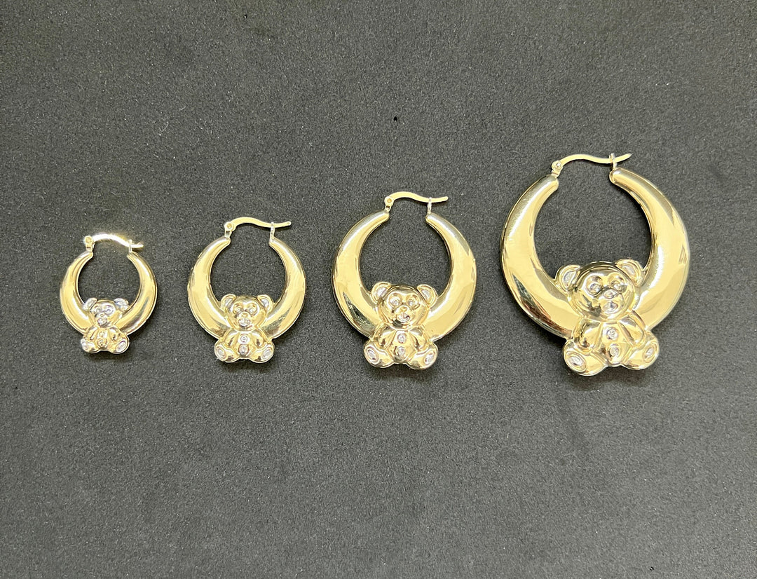 10K Yellow Gold .925 Sterling Silver Teddy Bear Hoop Earrings