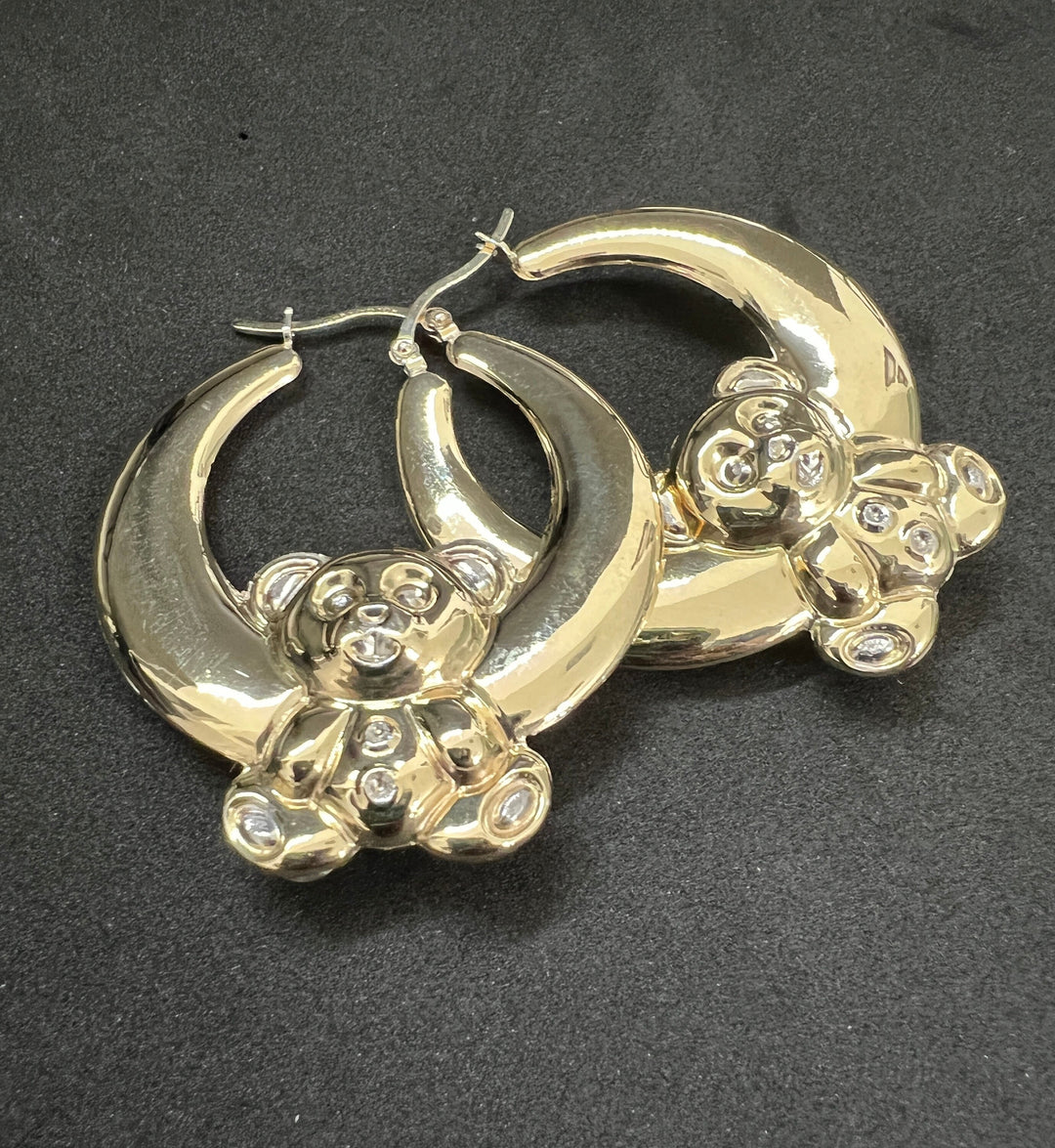 10K Yellow Gold .925 Sterling Silver Teddy Bear Hoop Earrings