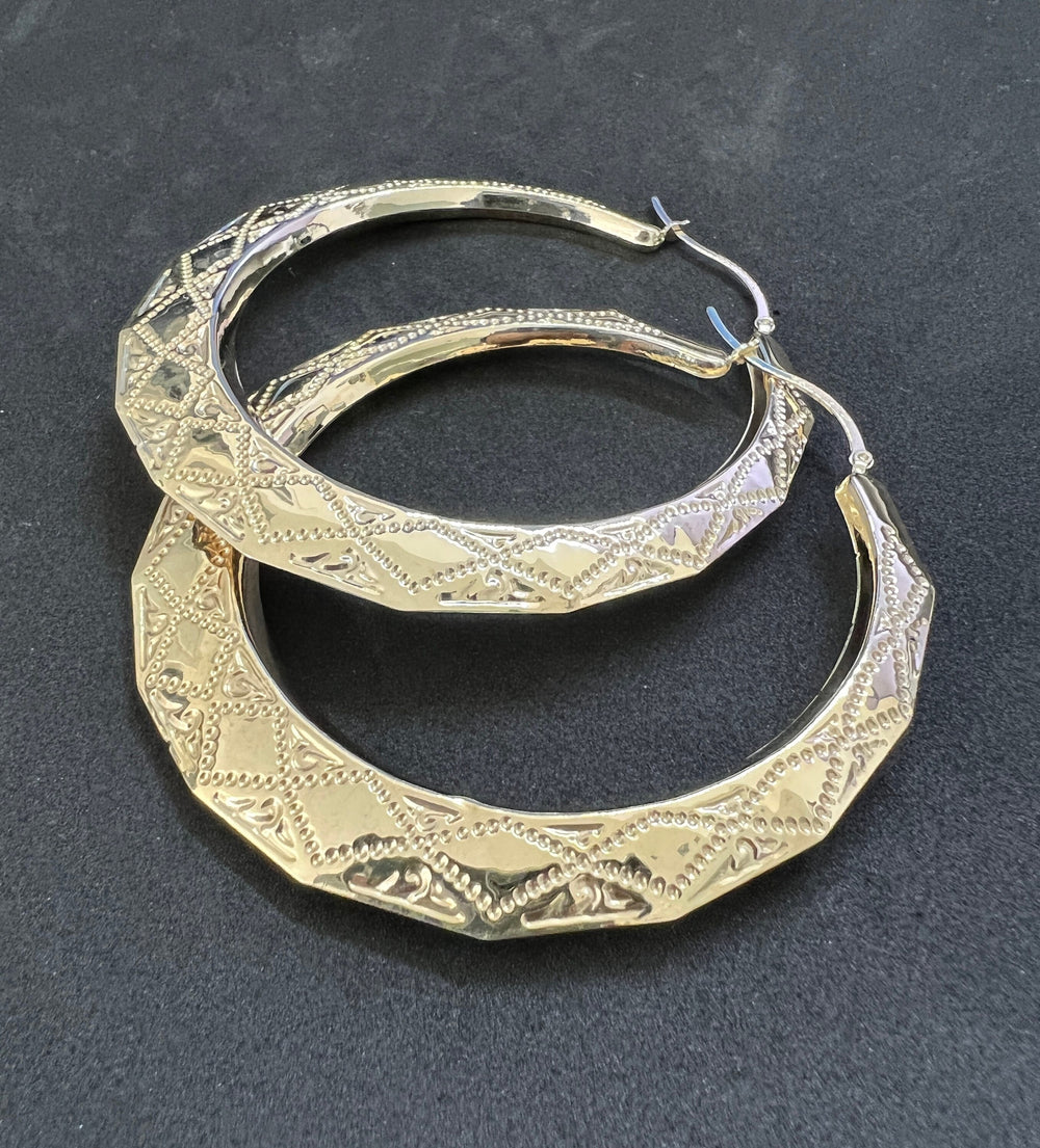 10K Yellow Gold .925 Sterling Silver Octagonal Vintage Engraved Round Etched Hoop Earrings
