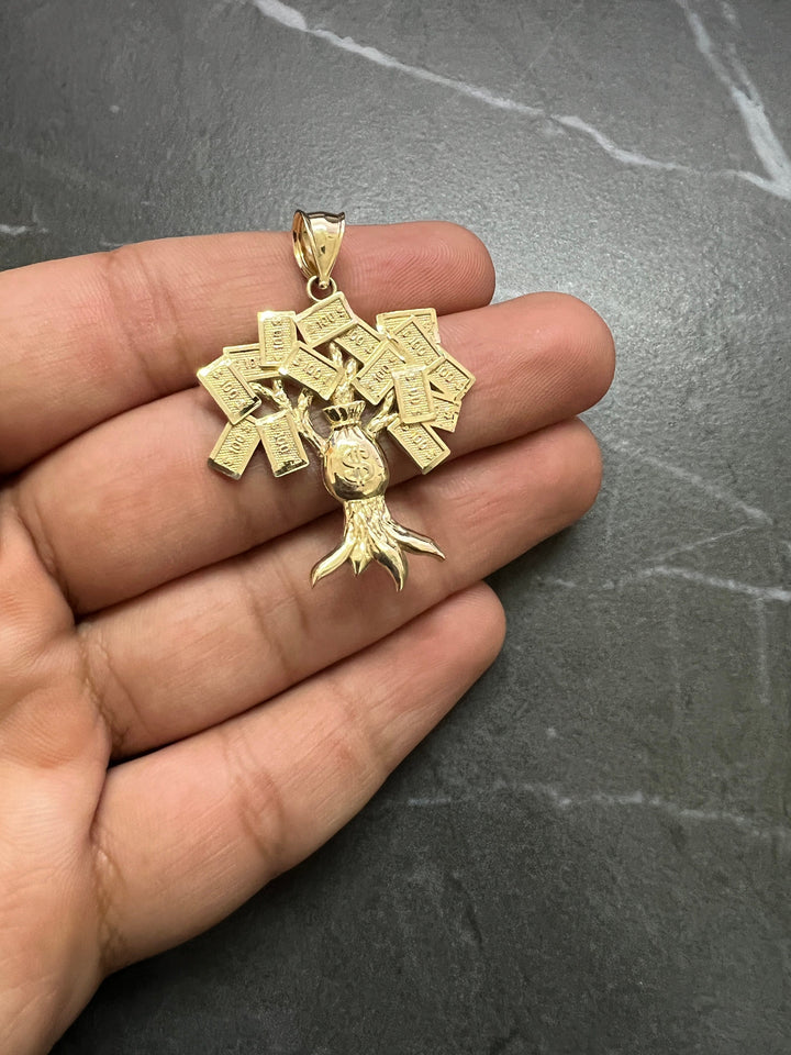 Authentic 10K Yellow Gold Diamond Cut Money Bag Dollar Tree, 100 Dollar Bill Rich Natural Tree Amulet, Real Gold Charm/Pendant