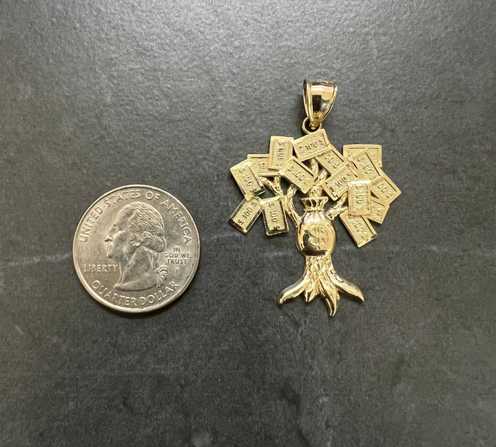 Authentic 10K Yellow Gold Diamond Cut Money Bag Dollar Tree, 100 Dollar Bill Rich Natural Tree Amulet, Real Gold Charm/Pendant