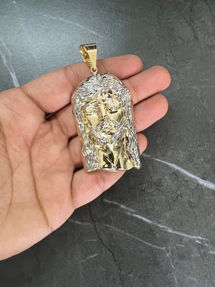 10K Yellow and White Gold .925 Sterling Silver Textured Diamond Cut Jesus Face/Head Charm/Pendant, The Face of Jesus Religious Gold Pendant