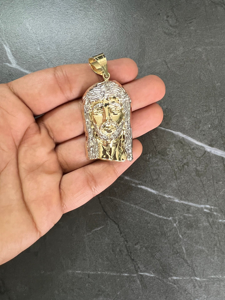 10K Yellow and White Gold .925 Sterling Silver Textured Diamond Cut Jesus Face/Head Charm/Pendant, The Face of Jesus Religious Gold Pendant