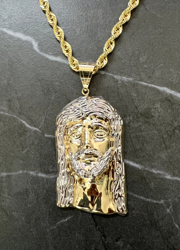 10K Yellow and White Gold .925 Sterling Silver Textured Diamond Cut Jesus Face/Head Charm/Pendant, The Face of Jesus Religious Gold Pendant