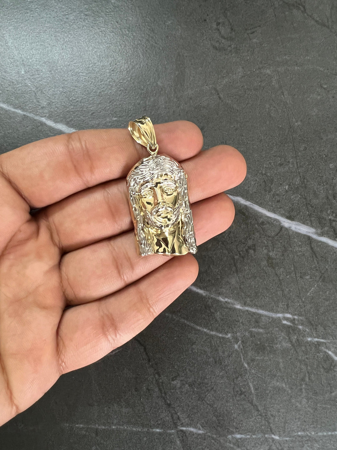 10K Yellow and White Gold .925 Sterling Silver Textured Diamond Cut Jesus Face/Head Charm/Pendant, The Face of Jesus Religious Gold Pendant