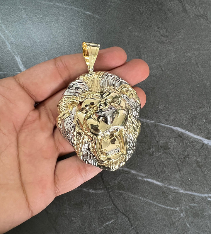 10K Yellow Gold .925 Sterling Silver Diamond Cut Shiny Roaring Fierce Lion Face/Head Charm/Pendant, Leo Zodiac Medallion Pendant/Charm