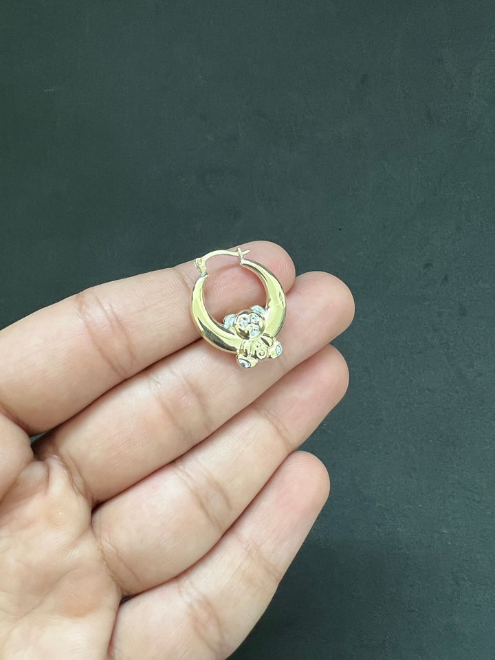 10K Yellow Gold .925 Sterling Silver Teddy Bear Hoop Earrings