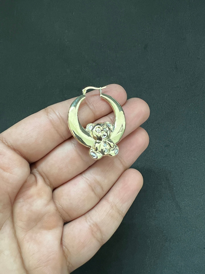 10K Yellow Gold .925 Sterling Silver Teddy Bear Hoop Earrings