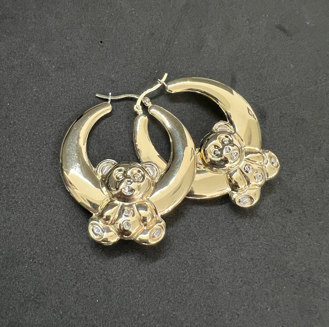 10K Yellow Gold .925 Sterling Silver Teddy Bear Hoop Earrings