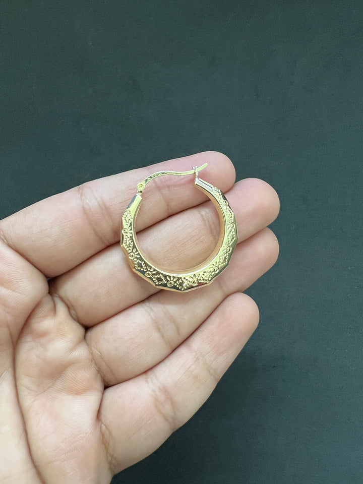 10K Yellow Gold .925 Sterling Silver Octagonal Vintage Engraved Round Etched Hoop Earrings