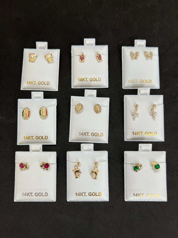 Authentic 14K Gold Screw-back Earrings, Assorted Styles, Elephant, Butterfly, Cross, Turtle, Mother Mary, Teddy Bear, Dolphin