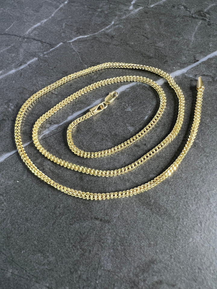 2mm Solid 10K Yellow Gold .925 Sterling Silver Franco Chain Gold Necklace 2mm 16"-28", Gold Chain for Men and Women, Diamond Cut Gold Franco