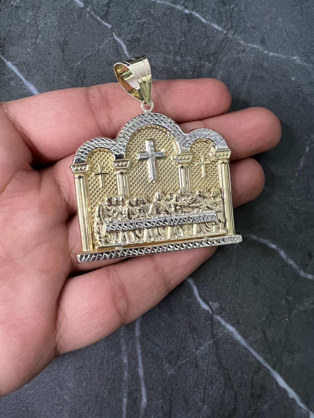 10K Yellow Gold .925 Sterling Silver Apostles Last Supper Charm/Pendant, Authentic, Textured Jesus Cross with Disciples Faith, Diamond Cut