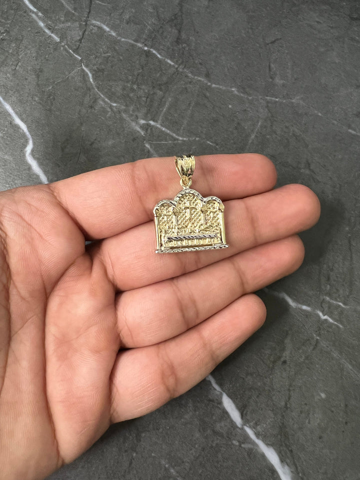 10K Yellow Gold .925 Sterling Silver Apostles Last Supper Charm/Pendant, Authentic, Textured Jesus Cross with Disciples Faith, Diamond Cut