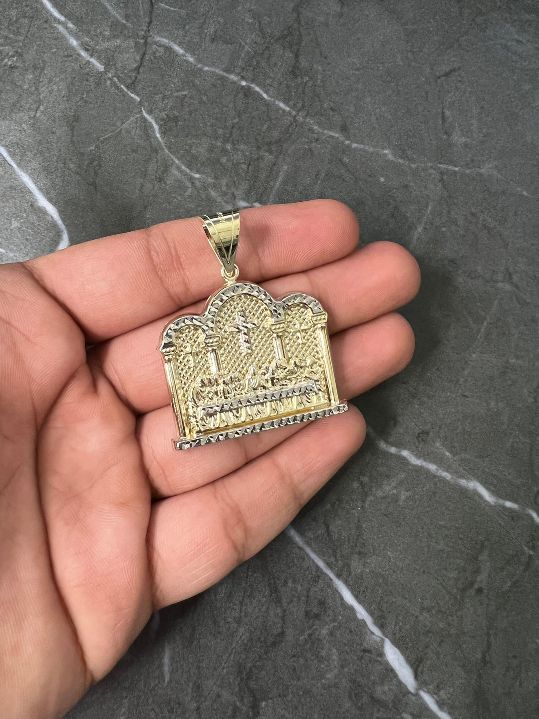 10K Yellow Gold .925 Sterling Silver Apostles Last Supper Charm/Pendant, Authentic, Textured Jesus Cross with Disciples Faith, Diamond Cut