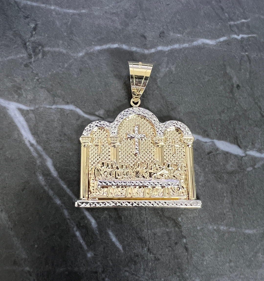 10K Yellow Gold .925 Sterling Silver Apostles Last Supper Charm/Pendant, Authentic, Textured Jesus Cross with Disciples Faith, Diamond Cut