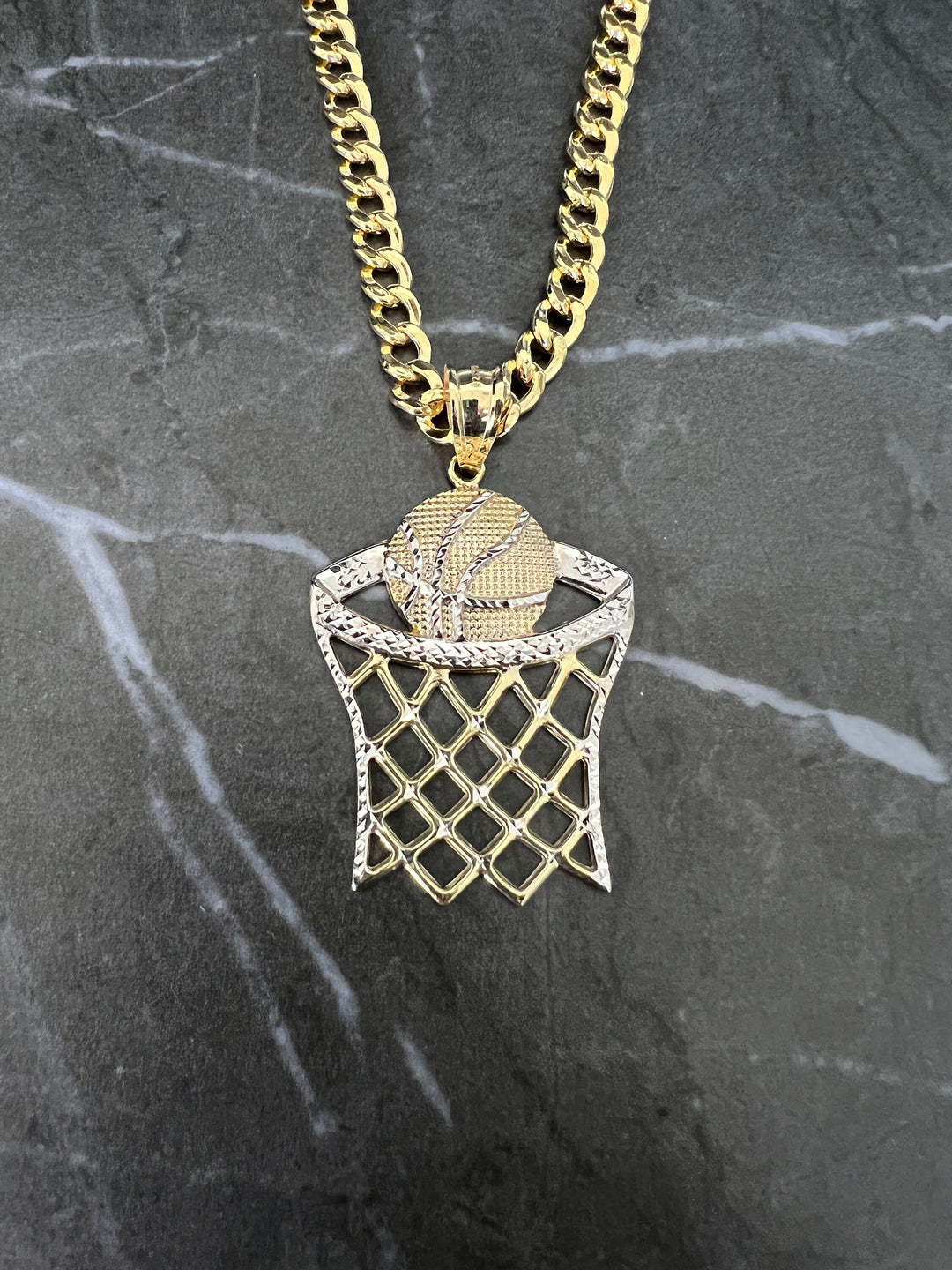 10K Yellow Gold .925 Sterling Silver Diamond Cut Sporty Basketball Net/Hoop Sports Charm/Pendant, Tournament Gold Basketball Prize Pendant