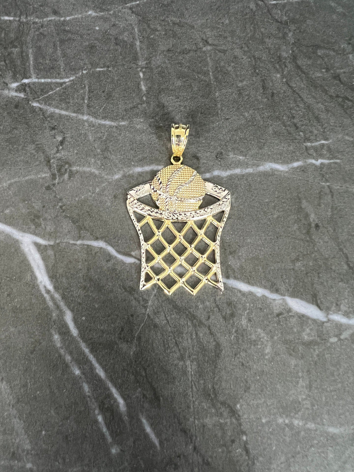 10K Yellow Gold .925 Sterling Silver Diamond Cut Sporty Basketball Net/Hoop Sports Charm/Pendant, Tournament Gold Basketball Prize Pendant