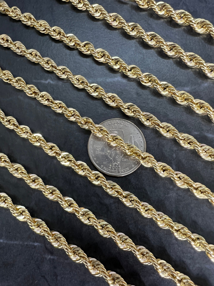 5mm Solid 10K Yellow Gold .925 Sterling Silver Rope Chain Gold Necklace 5mm 20"-28", Gold Rope Chain for Men and Women, Diamond Cut 10K Rope