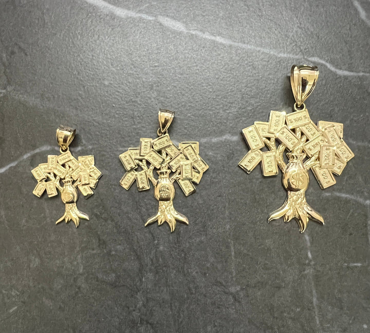 Authentic 10K Yellow Gold Diamond Cut Money Bag Dollar Tree, 100 Dollar Bill Rich Natural Tree Amulet, Real Gold Charm/Pendant